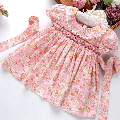 Vestido Estilo Español Cuello Redondo  Flores Fuscia